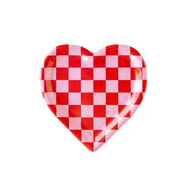 Heart Shaped Red & Pink Checkered Disposable Plates