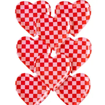 Heart Shaped Red & Pink Checkered Disposable Plates